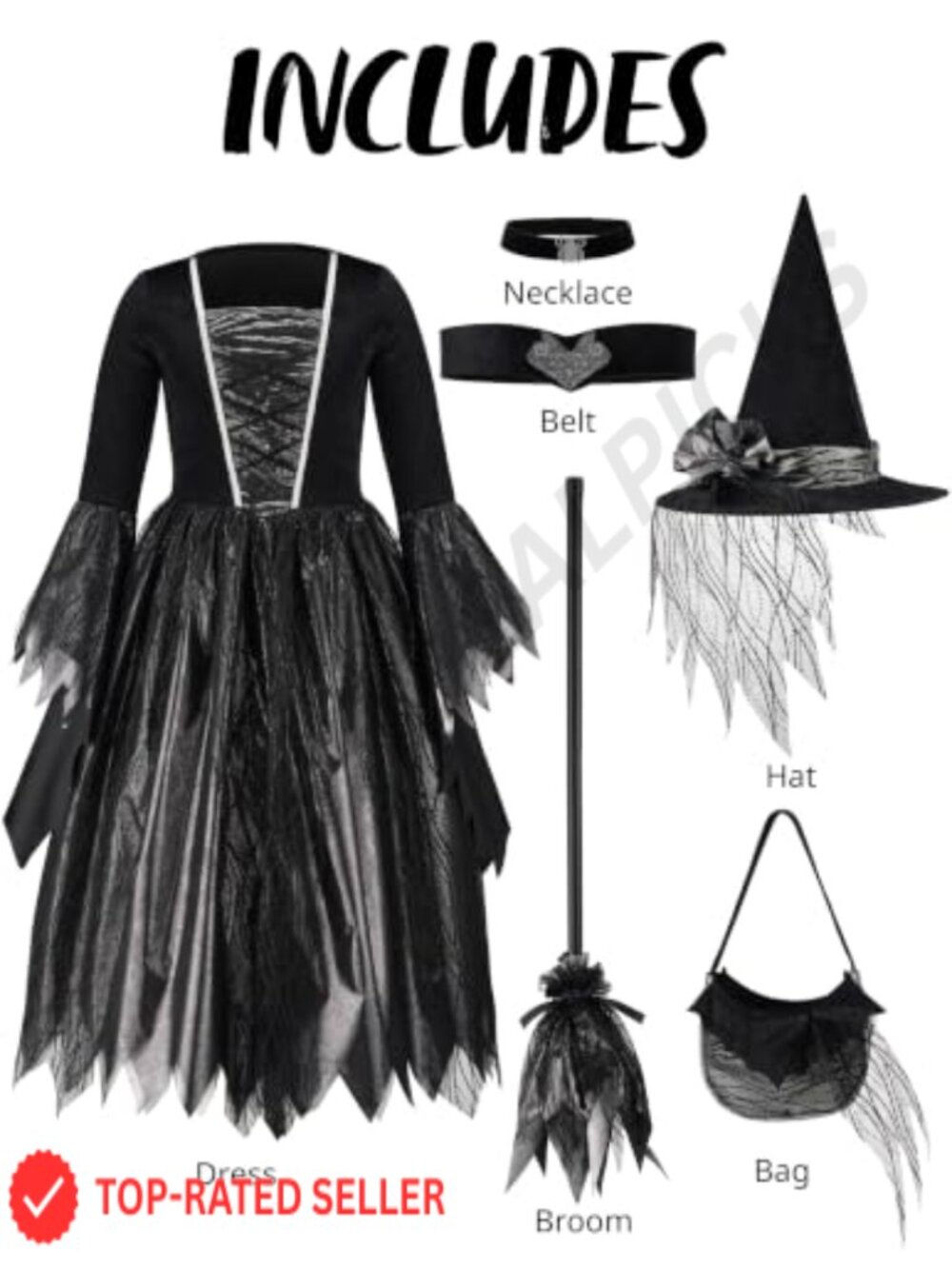 Girls Witch Costume Set 6 Pc Dress Hat Broom Bag Belt Choker Halloween - Picture 3 of 6
